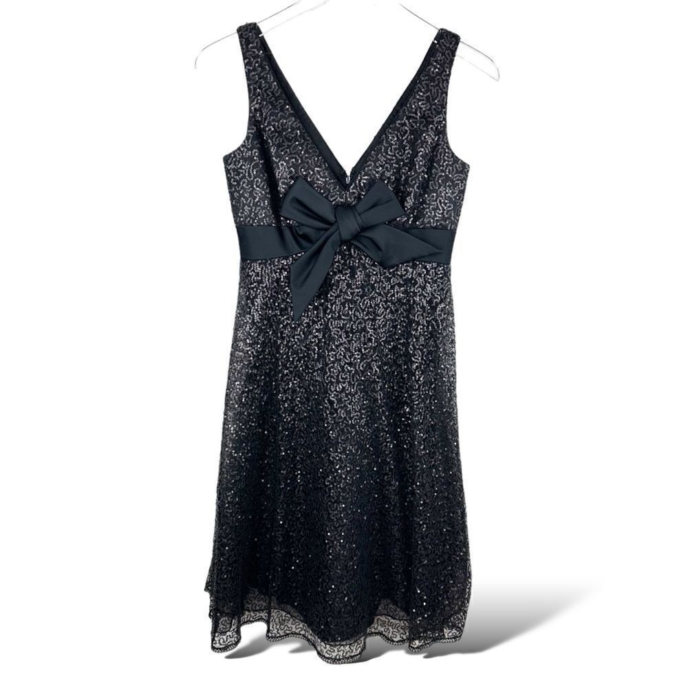 Carmen Marc Valvo Black Sequin Silk Cocktail‎ Party Dress Black Satin Bow Sz 6